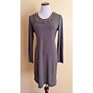 Sioni Gray Sheath Dress Metallic Bead Trim Long Sleeves Size Medium